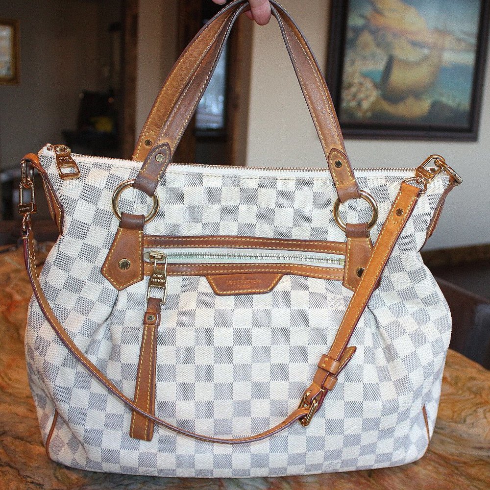 Authentic LOUIS VUITTON $2,570 Evora MM Damier Azur Bag Large Leather Tote 2-Way